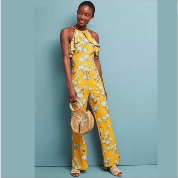 ANTHROPOLOGIE l Crane Floral Print Ruffle Flare Jump Suite Varun Bahl Warbler 10 - Picture 1 of 12